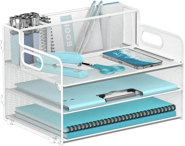 Main image of 3 Tier Paper Letter Tray Organizer with Pen Holder for Desk, Black Metal Mesh Desk File Folder Sorter Organizer with Handle and Sliding Tray for Home, Office, School Supplies Organization(White)