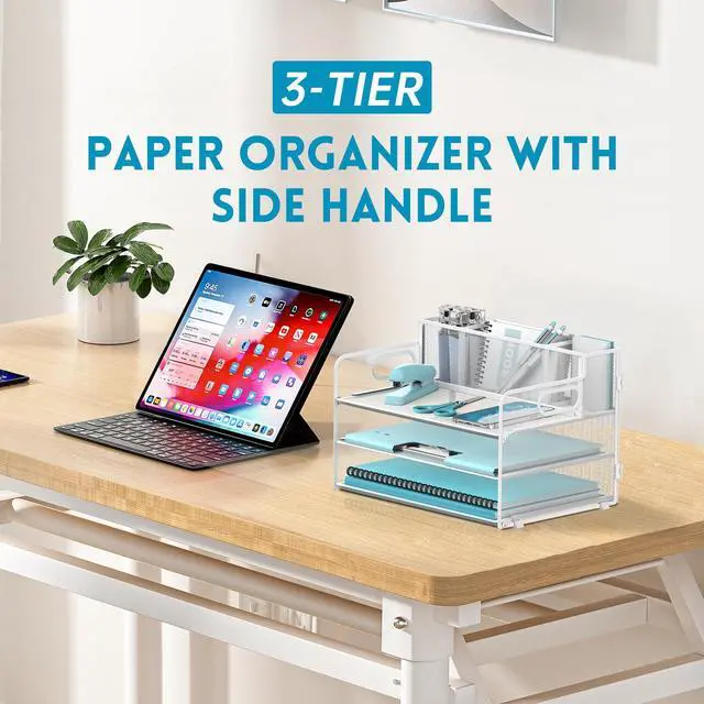 Alt view image 2 of 6 - 3 Tier Paper Letter Tray Organizer with Pen Holder for Desk, Black Metal Mesh Desk File Folder Sorter Organizer with Handle and Sliding Tray for Home, Office, School Supplies Organization(White)