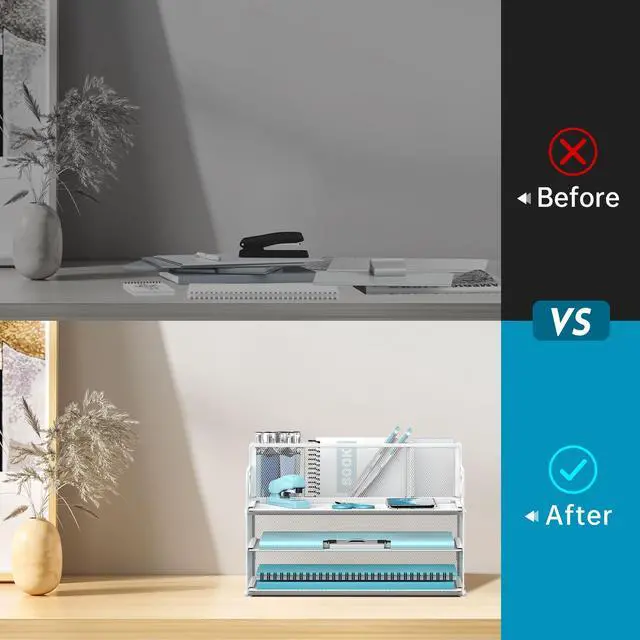 Alt view image 6 of 6 - 3 Tier Paper Letter Tray Organizer with Pen Holder for Desk, Black Metal Mesh Desk File Folder Sorter Organizer with Handle and Sliding Tray for Home, Office, School Supplies Organization(White)