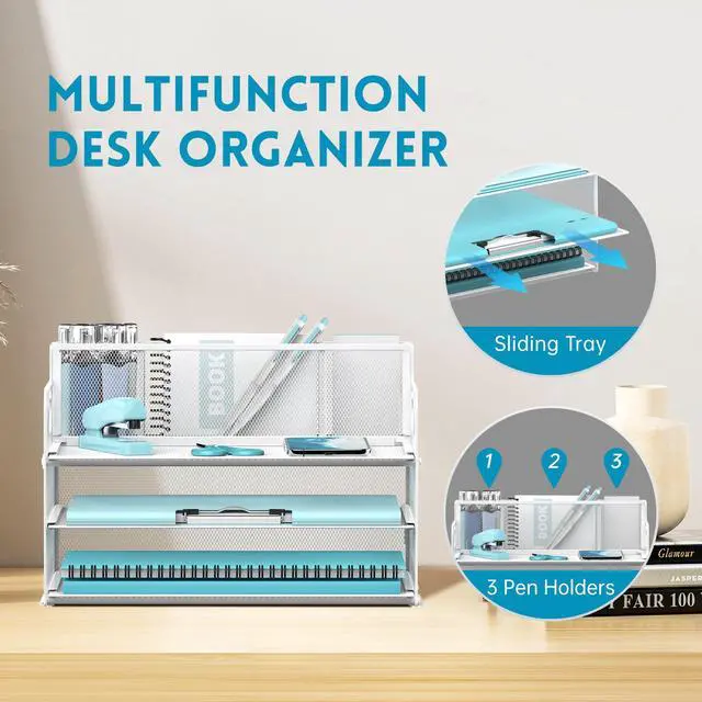 Alt view image 4 of 6 - 3 Tier Paper Letter Tray Organizer with Pen Holder for Desk, Black Metal Mesh Desk File Folder Sorter Organizer with Handle and Sliding Tray for Home, Office, School Supplies Organization(White)