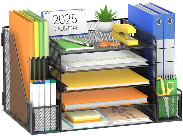 Main image of Desk Organizer, 5-Tier Mesh Desktop File Organizer with Bookends, File Holder, 2 Pen Cups and Paper Letter Trays, Large-Capacity Metal Organizer for Home, Office or School