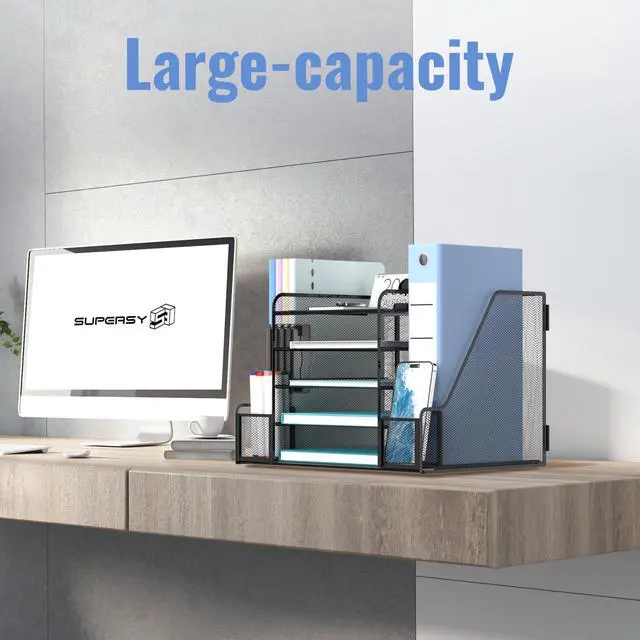 Alt view image 2 of 6 - Desk Organizer, 5-Tier Mesh Desktop File Organizer with Bookends, File Holder, 2 Pen Cups and Paper Letter Trays, Large-Capacity Metal Organizer for Home, Office or School