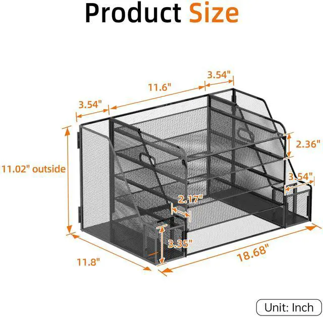 Alt view image 3 of 6 - Desk Organizer, 5-Tier Mesh Desktop File Organizer with Bookends, File Holder, 2 Pen Cups and Paper Letter Trays, Large-Capacity Metal Organizer for Home, Office or School