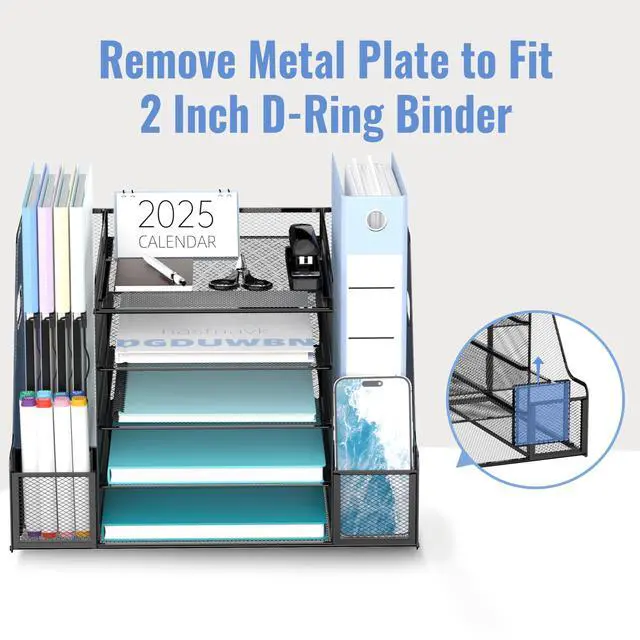 Alt view image 4 of 6 - Desk Organizer, 5-Tier Mesh Desktop File Organizer with Bookends, File Holder, 2 Pen Cups and Paper Letter Trays, Large-Capacity Metal Organizer for Home, Office or School