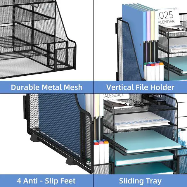 Alt view image 6 of 6 - Desk Organizer, 5-Tier Mesh Desktop File Organizer with Bookends, File Holder, 2 Pen Cups and Paper Letter Trays, Large-Capacity Metal Organizer for Home, Office or School