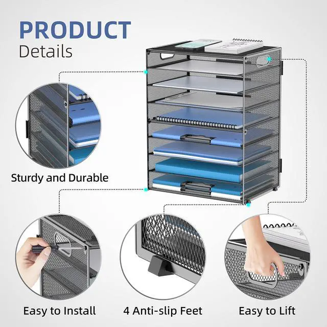 Alt view image 4 of 6 - 9-Tier Paper Organizer for Desk, Mesh Letter Tray Desk Organizer with Handles, Space-Saving File Organizer for Office Home School Classroom, Black