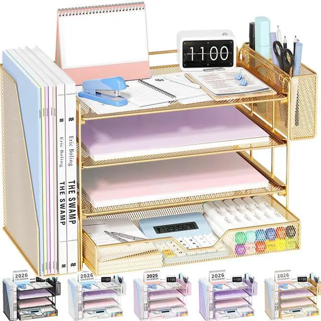 Main image of Desk Organizers and Accessories, 4-Tier Office Desk Accessories & Workspace Organizers with Drawer and Pen Holder, Desktop Paper Tray File Organizer for Home Office Supplies, Gold