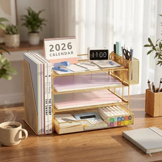 Alt view image 3 of 7 - Desk Organizers and Accessories, 4-Tier Office Desk Accessories & Workspace Organizers with Drawer and Pen Holder, Desktop Paper Tray File Organizer for Home Office Supplies, Gold