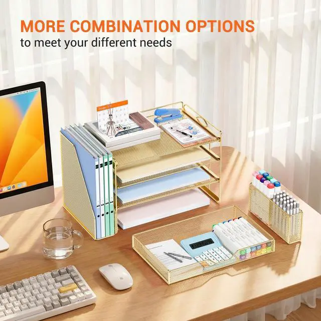 Alt view image 6 of 7 - Desk Organizers and Accessories, 4-Tier Office Desk Accessories & Workspace Organizers with Drawer and Pen Holder, Desktop Paper Tray File Organizer for Home Office Supplies, Gold