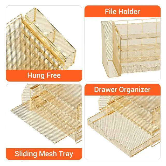 Alt view image 5 of 7 - Desk Organizers and Accessories, 4-Tier Office Desk Accessories & Workspace Organizers with Drawer and Pen Holder, Desktop Paper Tray File Organizer for Home Office Supplies, Gold