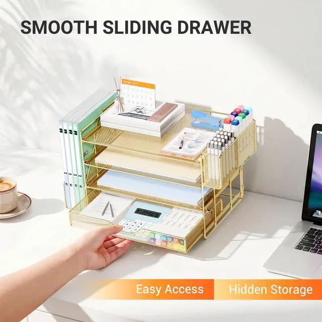 Alt view image 7 of 7 - Desk Organizers and Accessories, 4-Tier Office Desk Accessories & Workspace Organizers with Drawer and Pen Holder, Desktop Paper Tray File Organizer for Home Office Supplies, Gold