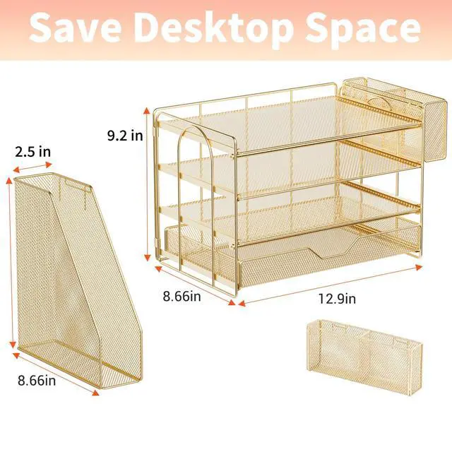 Alt view image 4 of 7 - Desk Organizers and Accessories, 4-Tier Office Desk Accessories & Workspace Organizers with Drawer and Pen Holder, Desktop Paper Tray File Organizer for Home Office Supplies, Gold