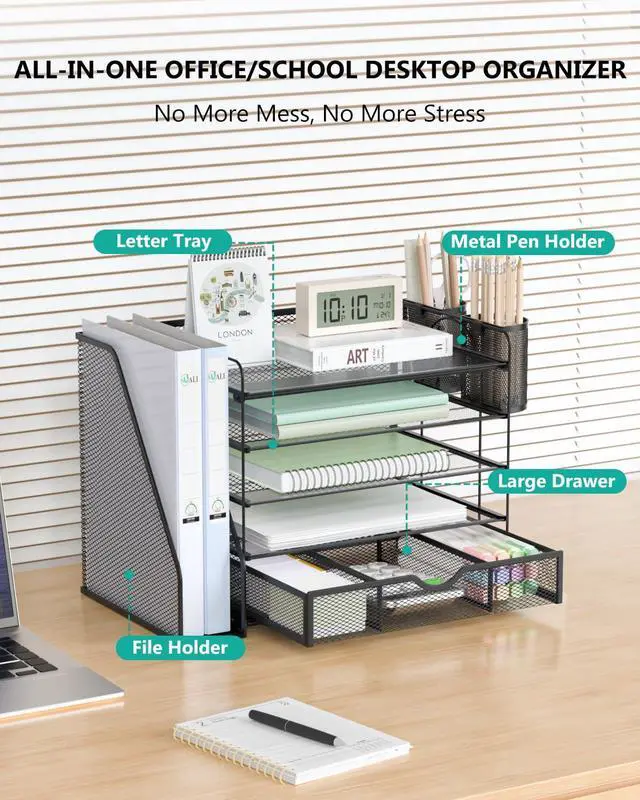 Alt view image 2 of 7 - Desk File Organizer, 5 Tier Desktop Paper Letter Tray Organizer with Drawer and 2 Pen Holders, Office Desk Accessories & Workspace Organizers for Office, Home Supplies(DO006DH-B), 1 Pack, Black