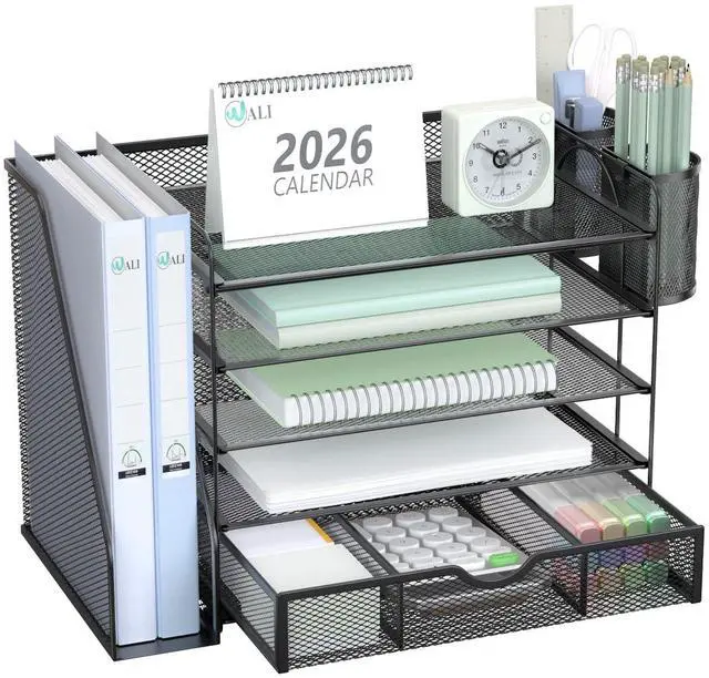 Main image of Desk File Organizer, 5 Tier Desktop Paper Letter Tray Organizer with Drawer and 2 Pen Holders, Office Desk Accessories & Workspace Organizers for Office, Home Supplies(DO006DH-B), 1 Pack, Black