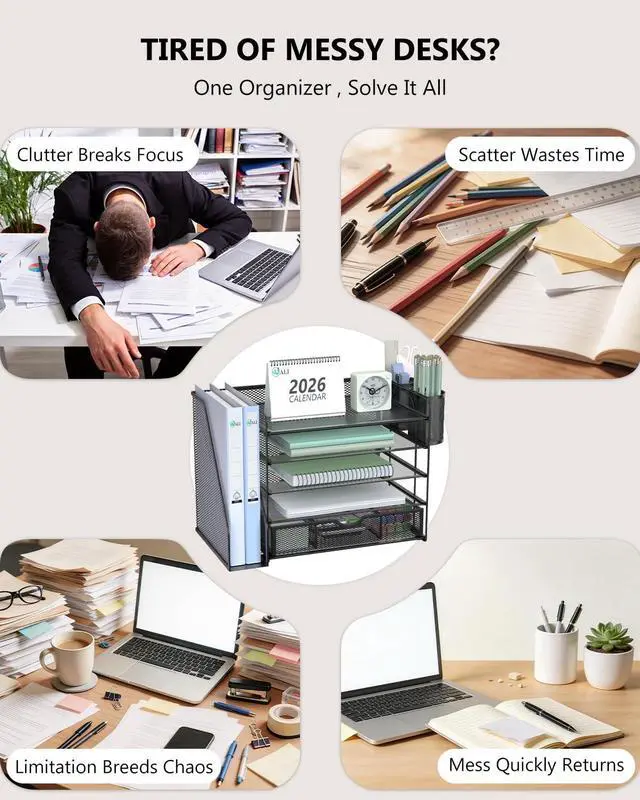 Alt view image 3 of 7 - Desk File Organizer, 5 Tier Desktop Paper Letter Tray Organizer with Drawer and 2 Pen Holders, Office Desk Accessories & Workspace Organizers for Office, Home Supplies(DO006DH-B), 1 Pack, Black