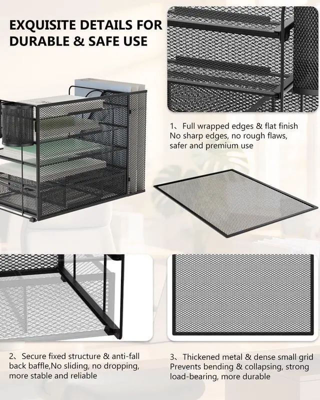 Alt view image 5 of 7 - Desk File Organizer, 5 Tier Desktop Paper Letter Tray Organizer with Drawer and 2 Pen Holders, Office Desk Accessories & Workspace Organizers for Office, Home Supplies(DO006DH-B), 1 Pack, Black