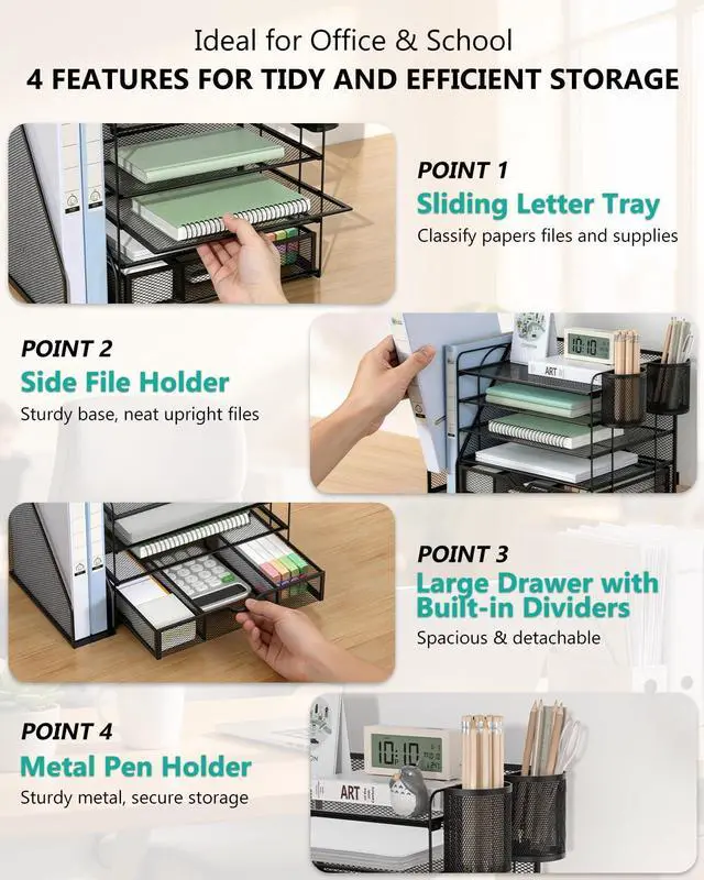 Alt view image 4 of 7 - Desk File Organizer, 5 Tier Desktop Paper Letter Tray Organizer with Drawer and 2 Pen Holders, Office Desk Accessories & Workspace Organizers for Office, Home Supplies(DO006DH-B), 1 Pack, Black