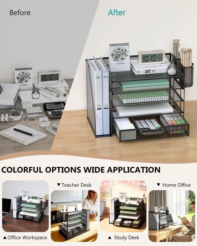Alt view image 6 of 7 - Desk File Organizer, 5 Tier Desktop Paper Letter Tray Organizer with Drawer and 2 Pen Holders, Office Desk Accessories & Workspace Organizers for Office, Home Supplies(DO006DH-B), 1 Pack, Black