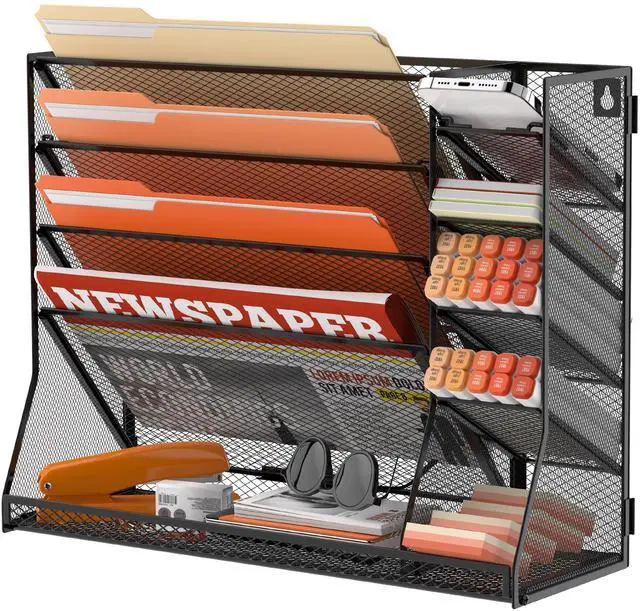 Main image of Wall File Organizer, 5-Tier office wall organizer with 4 Pen Holders, Wall Organizer for Office with R-shaped Bottom Tray, Metal Desk Organizer for Office, School, Home, Black