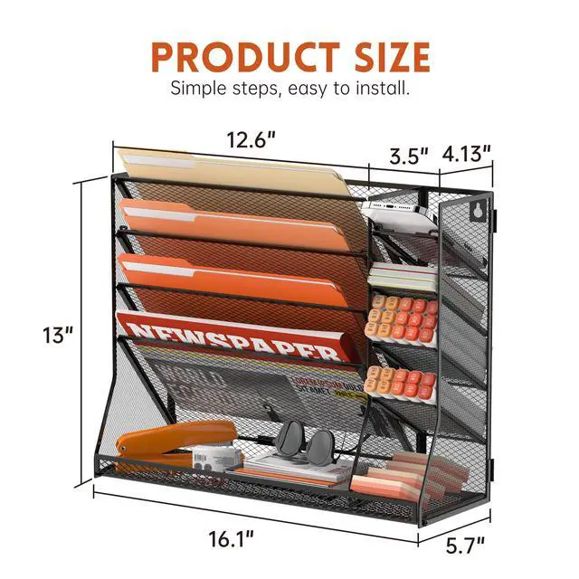 Alt view image 5 of 7 - Wall File Organizer, 5-Tier office wall organizer with 4 Pen Holders, Wall Organizer for Office with R-shaped Bottom Tray, Metal Desk Organizer for Office, School, Home, Black