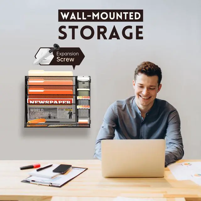 Alt view image 2 of 7 - Wall File Organizer, 5-Tier office wall organizer with 4 Pen Holders, Wall Organizer for Office with R-shaped Bottom Tray, Metal Desk Organizer for Office, School, Home, Black
