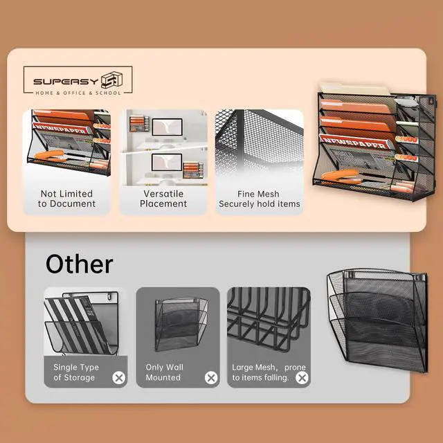 Alt view image 3 of 7 - Wall File Organizer, 5-Tier office wall organizer with 4 Pen Holders, Wall Organizer for Office with R-shaped Bottom Tray, Metal Desk Organizer for Office, School, Home, Black