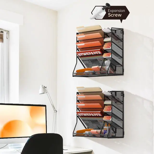 Alt view image 7 of 7 - Wall File Organizer, 5-Tier office wall organizer with 4 Pen Holders, Wall Organizer for Office with R-shaped Bottom Tray, Metal Desk Organizer for Office, School, Home, Black