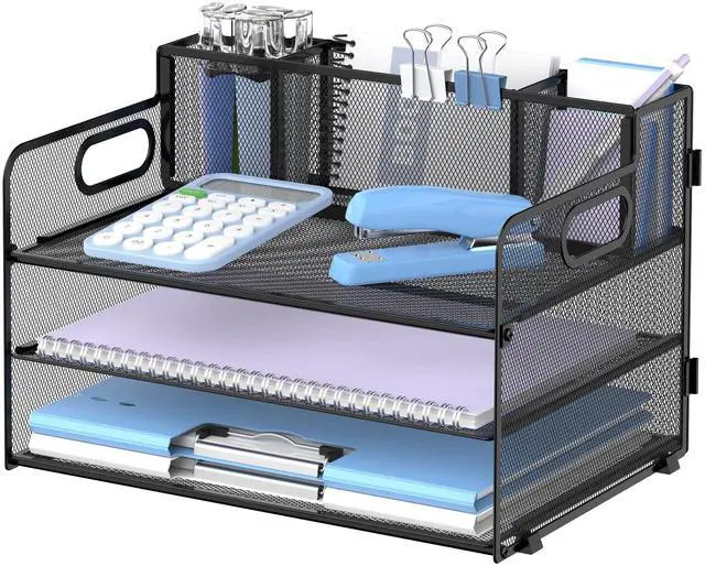 Main image of 3 Tier Desk Organizer with Handle & 3 Pen Holders, Mesh Paper/File Organizer for Desk, Paper Letter Tray Organizer for Office Supplies (Black)