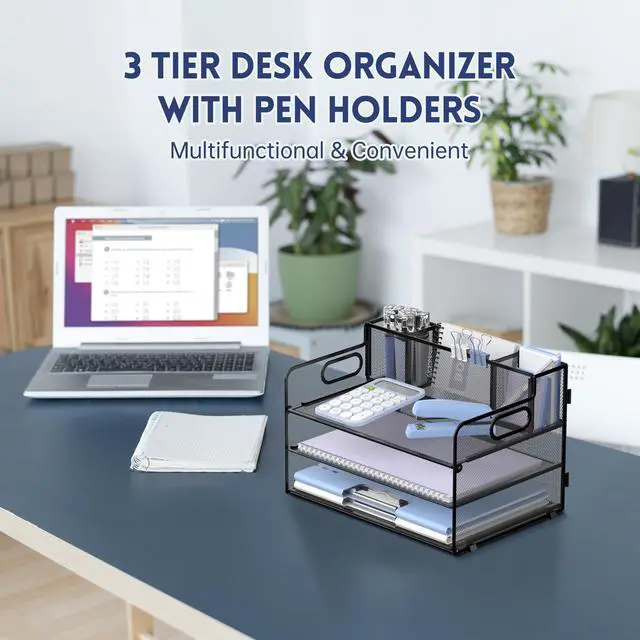 Alt view image 2 of 6 - 3 Tier Desk Organizer with Handle & 3 Pen Holders, Mesh Paper/File Organizer for Desk, Paper Letter Tray Organizer for Office Supplies (Black)