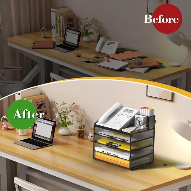 Alt view image 3 of 7 - Letter Tray Paper, 5 Tier Desk Organizer with Pen Holder and Handle, Mesh File Organizer Paper Sorter Metal Desktop Document Shelf for Office Home Classroom - Black