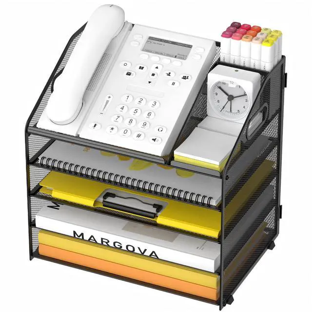 Main image of Letter Tray Paper, 5 Tier Desk Organizer with Pen Holder and Handle, Mesh File Organizer Paper Sorter Metal Desktop Document Shelf for Office Home Classroom - Black