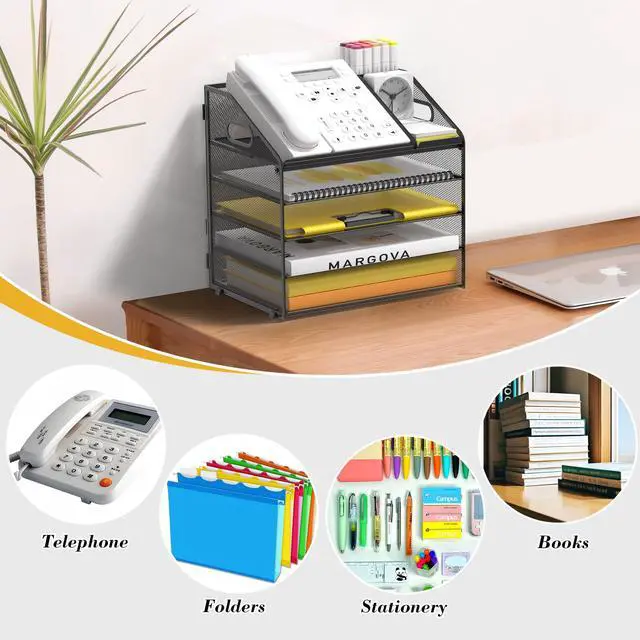 Alt view image 5 of 7 - Letter Tray Paper, 5 Tier Desk Organizer with Pen Holder and Handle, Mesh File Organizer Paper Sorter Metal Desktop Document Shelf for Office Home Classroom - Black