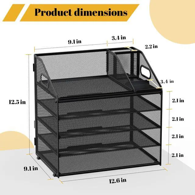 Alt view image 2 of 7 - Letter Tray Paper, 5 Tier Desk Organizer with Pen Holder and Handle, Mesh File Organizer Paper Sorter Metal Desktop Document Shelf for Office Home Classroom - Black