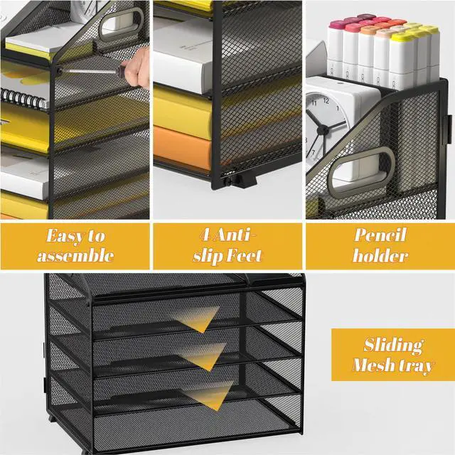 Alt view image 4 of 7 - Letter Tray Paper, 5 Tier Desk Organizer with Pen Holder and Handle, Mesh File Organizer Paper Sorter Metal Desktop Document Shelf for Office Home Classroom - Black