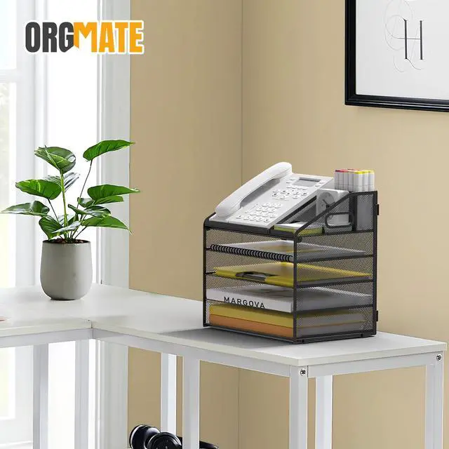 Alt view image 6 of 7 - Letter Tray Paper, 5 Tier Desk Organizer with Pen Holder and Handle, Mesh File Organizer Paper Sorter Metal Desktop Document Shelf for Office Home Classroom - Black