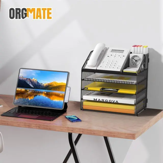 Alt view image 7 of 7 - Letter Tray Paper, 5 Tier Desk Organizer with Pen Holder and Handle, Mesh File Organizer Paper Sorter Metal Desktop Document Shelf for Office Home Classroom - Black