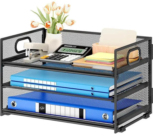 Main image of 3 Tier Paper Letter Tray Organizer for Desk, Black Metal Mesh Desk File Folder Sorter Organizer with Handle and Sliding Tray for Home, Office, School Supplies Organization Storage