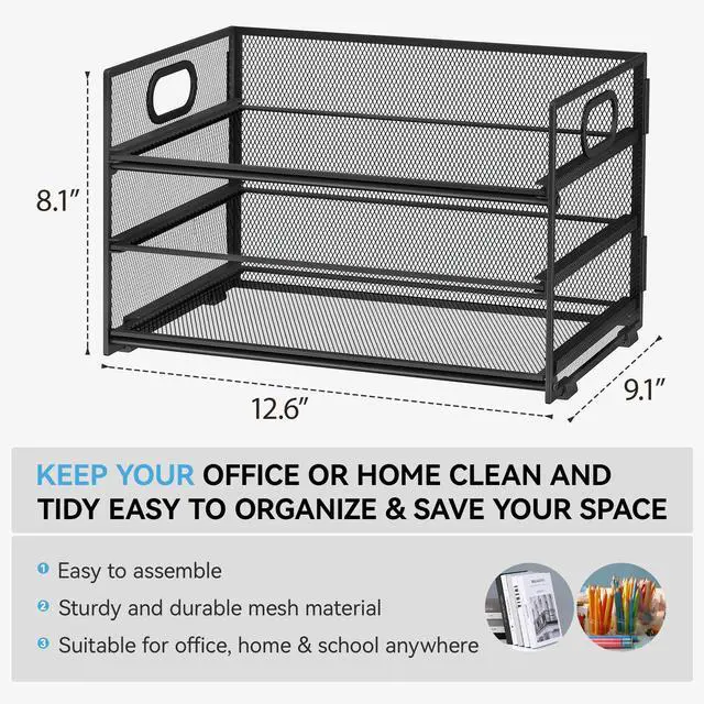 Alt view image 2 of 7 - 3 Tier Paper Letter Tray Organizer for Desk, Black Metal Mesh Desk File Folder Sorter Organizer with Handle and Sliding Tray for Home, Office, School Supplies Organization Storage