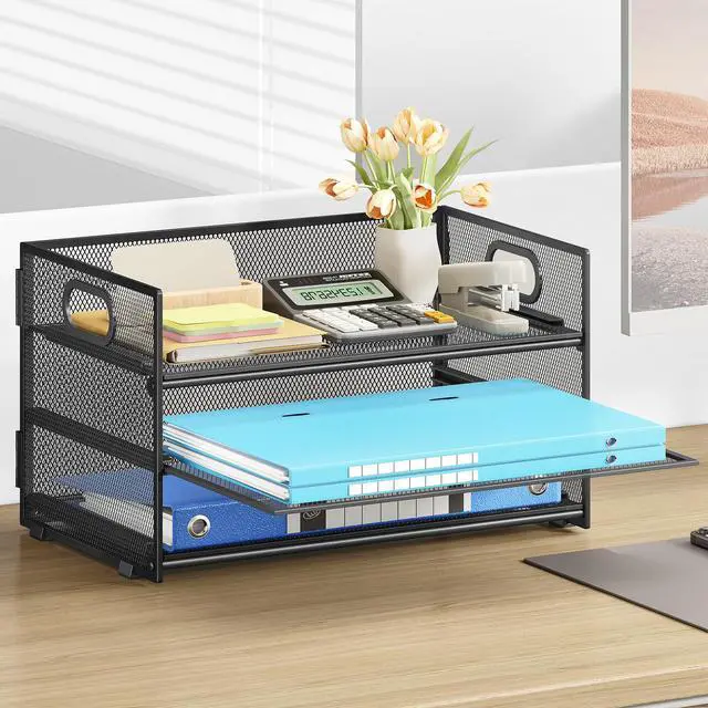 Alt view image 3 of 7 - 3 Tier Paper Letter Tray Organizer for Desk, Black Metal Mesh Desk File Folder Sorter Organizer with Handle and Sliding Tray for Home, Office, School Supplies Organization Storage
