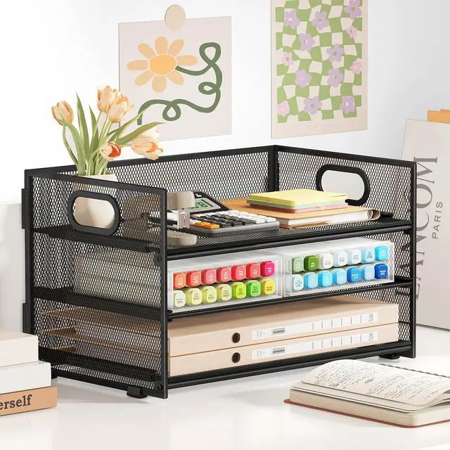 Alt view image 5 of 7 - 3 Tier Paper Letter Tray Organizer for Desk, Black Metal Mesh Desk File Folder Sorter Organizer with Handle and Sliding Tray for Home, Office, School Supplies Organization Storage