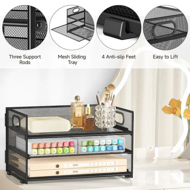 Alt view image 6 of 7 - 3 Tier Paper Letter Tray Organizer for Desk, Black Metal Mesh Desk File Folder Sorter Organizer with Handle and Sliding Tray for Home, Office, School Supplies Organization Storage