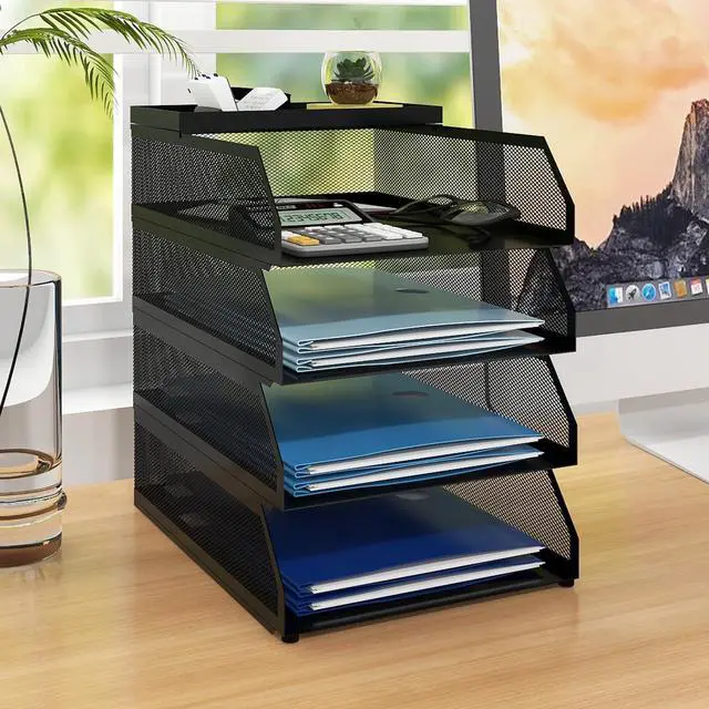 Main image of 4-Tier Paper Organizers,Desk Organizer,Stackable Paper Tray, Desk Accessories,Metal Mesh Desktop Organizer,Letter Trays,File Document Storage Rack for for Home, Office, School (Black)