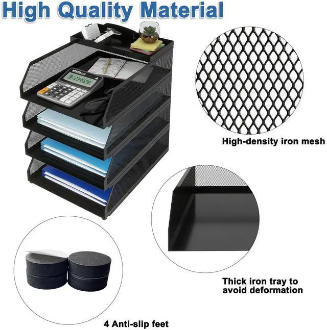 Alt view image 3 of 7 - 4-Tier Paper Organizers,Desk Organizer,Stackable Paper Tray, Desk Accessories,Metal Mesh Desktop Organizer,Letter Trays,File Document Storage Rack for for Home, Office, School (Black)