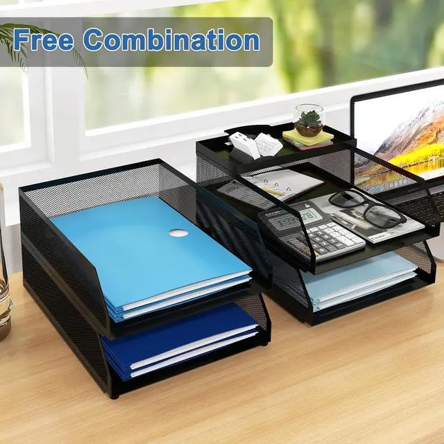 Alt view image 4 of 7 - 4-Tier Paper Organizers,Desk Organizer,Stackable Paper Tray, Desk Accessories,Metal Mesh Desktop Organizer,Letter Trays,File Document Storage Rack for for Home, Office, School (Black)