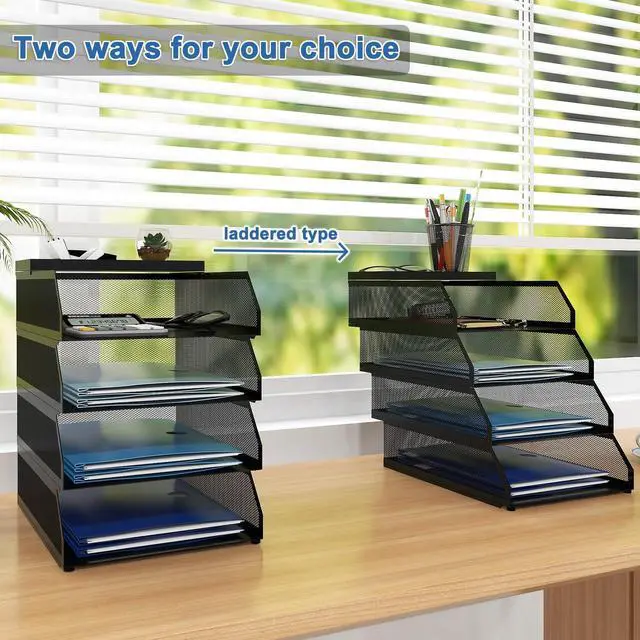 Alt view image 5 of 7 - 4-Tier Paper Organizers,Desk Organizer,Stackable Paper Tray, Desk Accessories,Metal Mesh Desktop Organizer,Letter Trays,File Document Storage Rack for for Home, Office, School (Black)