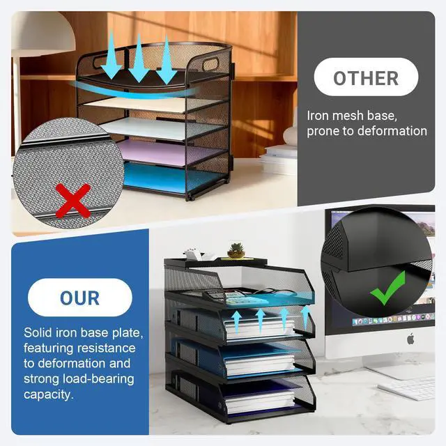 Alt view image 6 of 7 - 4-Tier Paper Organizers,Desk Organizer,Stackable Paper Tray, Desk Accessories,Metal Mesh Desktop Organizer,Letter Trays,File Document Storage Rack for for Home, Office, School (Black)