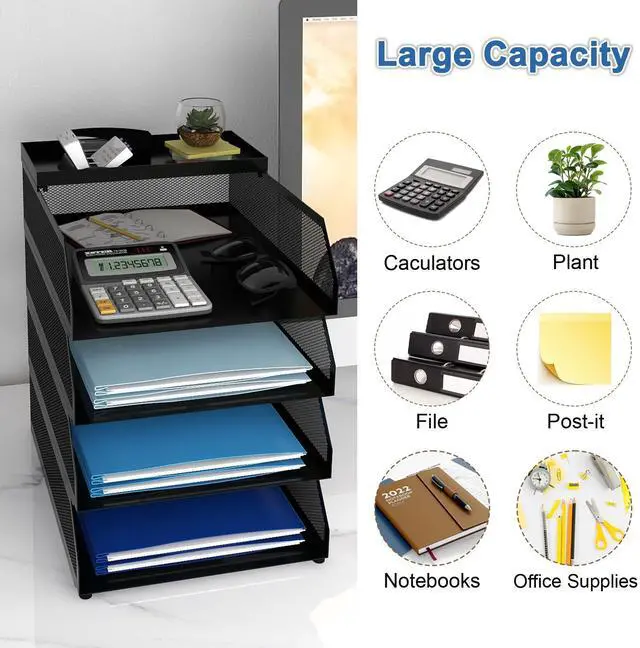 Alt view image 7 of 7 - 4-Tier Paper Organizers,Desk Organizer,Stackable Paper Tray, Desk Accessories,Metal Mesh Desktop Organizer,Letter Trays,File Document Storage Rack for for Home, Office, School (Black)