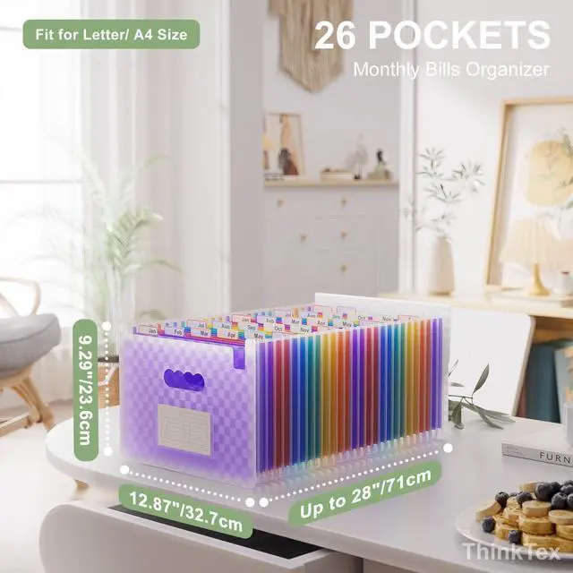 Alt view image 2 of 6 - 26 Pockets Expanding File Folders, Accordion File Organizer with Expandable Cover, Monthly Bill Receipt Documents Organizer, A-Z Colorful Tabs, Letter/A4 Size - Purple