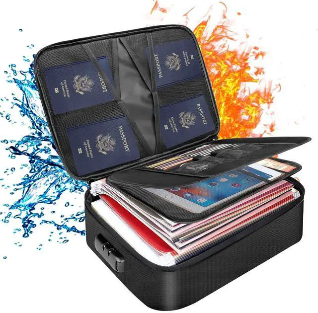 Main image of Document Bag with Lock,Fireproof 3-Layer File Storage Case with Water-Resistant Zipper,Document Safe Portable Travel Home Organizer Bag for Laptop,Files,Certificates,Gifts for Him,Black