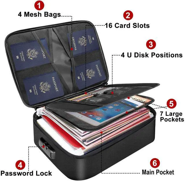 Alt view image 2 of 7 - Document Bag with Lock,Fireproof 3-Layer File Storage Case with Water-Resistant Zipper,Document Safe Portable Travel Home Organizer Bag for Laptop,Files,Certificates,Gifts for Him,Black